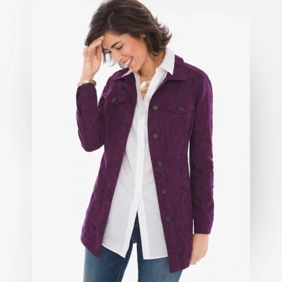 Chico’s Elongated Jacquard Denim Jacket Purple Sz S / Sz 4 / Sz 6 Long Fit - Picture 1 of 13